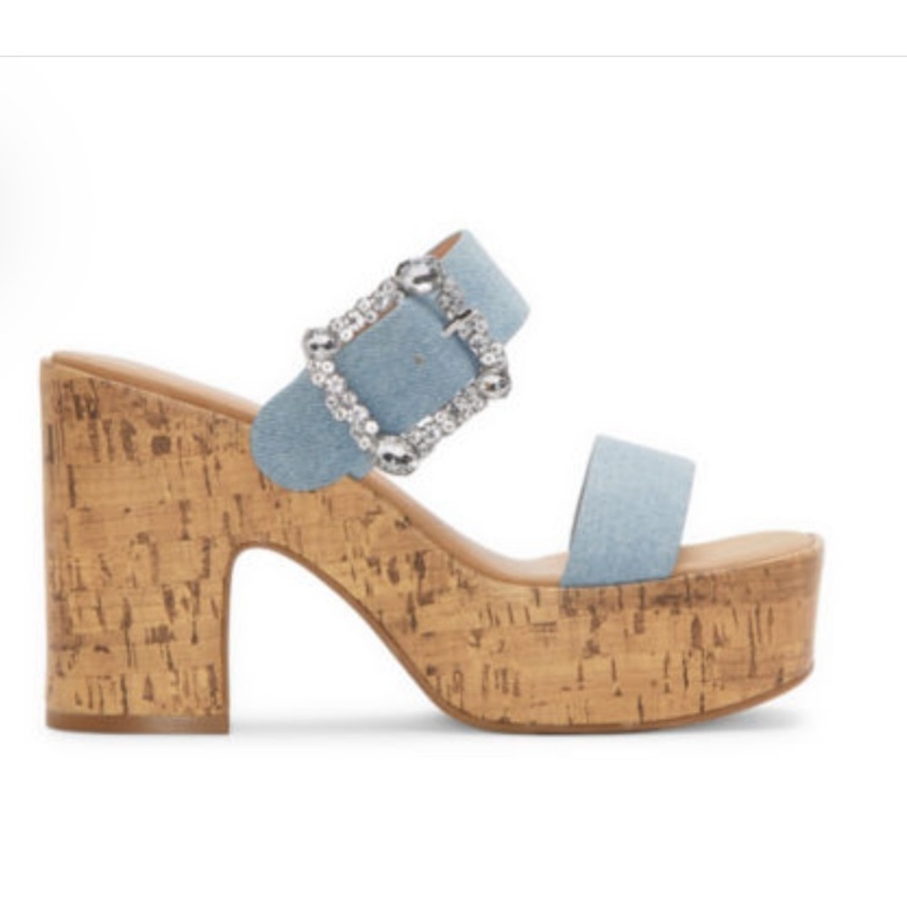 NWT-pop-9M-Sharice light blue-soft denim, gemstone buckle, Cork heeled sandals. - Picture 3 of 7